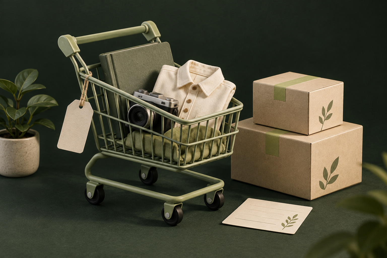 Concept illustration of a shopping trolley, parcels, a book, a folded shirt and a camera.