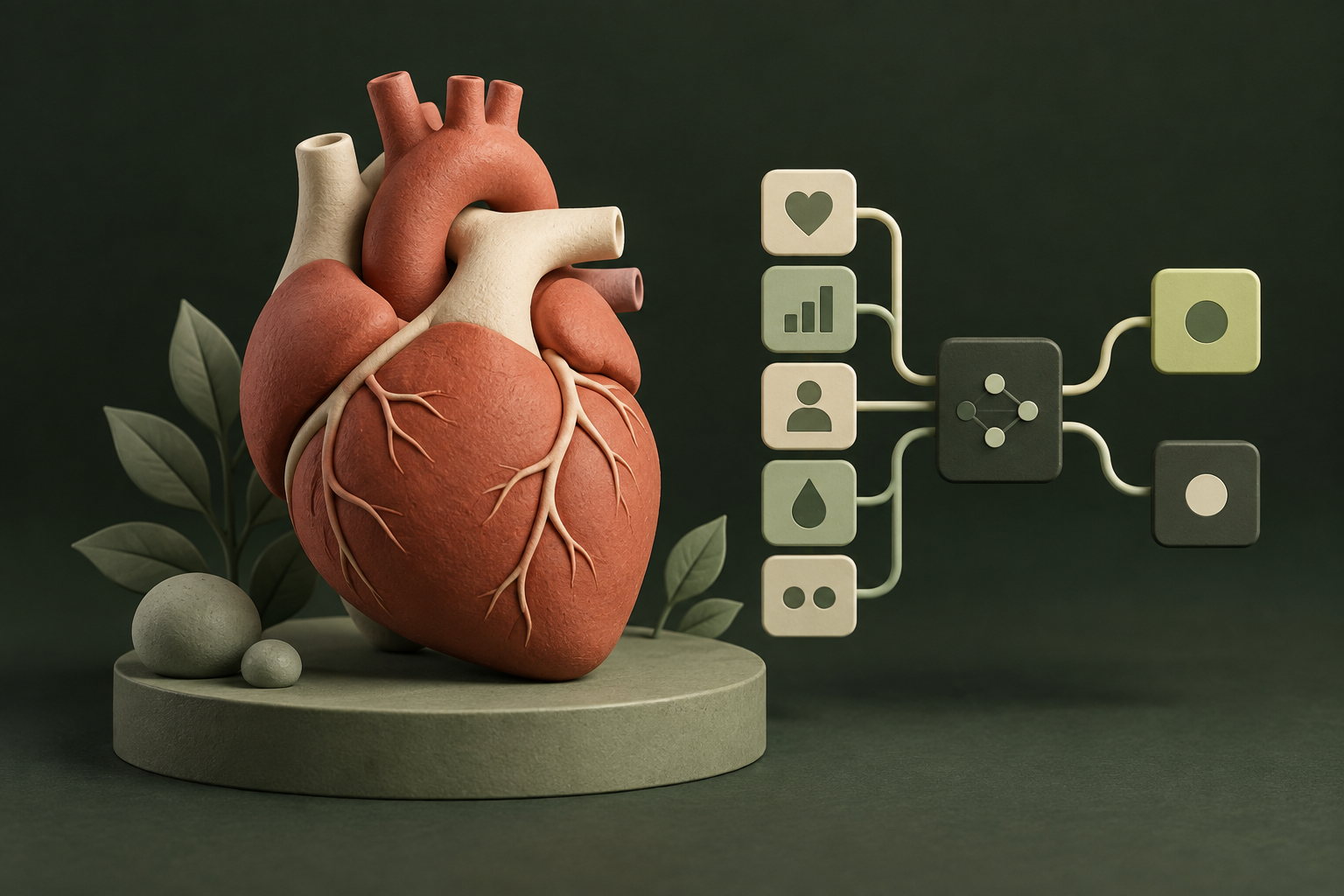 Concept illustration of a terracotta heart sculpture beside connected data tiles representing health-data classification.